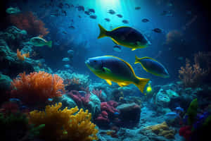 色彩繽紛的熱帶魚在深藍色海水中，於充滿活力的珊瑚礁之間游動。