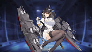 在藍色未來場景中，身穿水手服的動漫女孩站在軍艦旁。