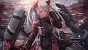 銀髮紅眼的動漫女孩穿著戰艦主題服裝，手持大型大炮。