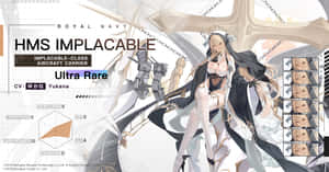 代表 HMS Implacable 航空母艦的動漫女孩角色，帶有統計數據和遊戲界面。