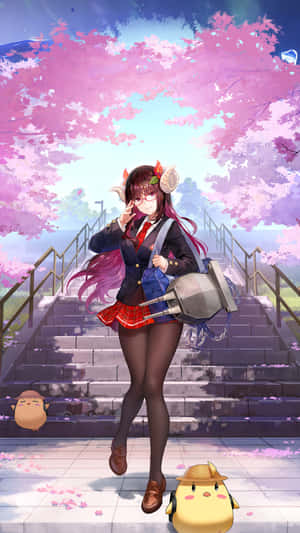 動漫女學生穿著校服與鳥同伴一起走下櫻花樓梯。
