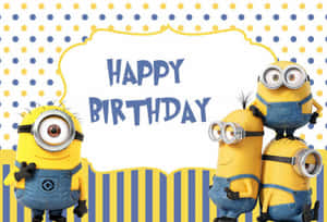 三個穿著藍色工裝褲的Minions用節日標誌慶祝生日。