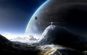 外星山景，天空中有發光的太陽和一顆大行星。