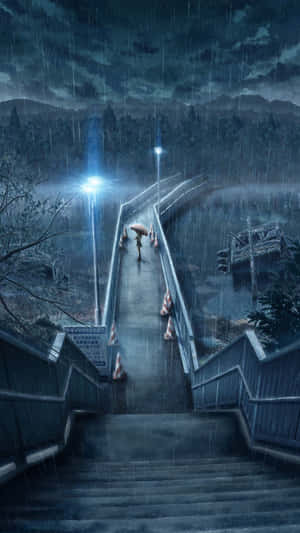 夜晚路燈下，撐傘的人走在雨中的橋上
