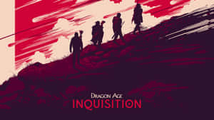四個冒險者的剪影站在山丘上，背景是紅奶油色天空和Dragon Age Inquisition文字。 — 螢幕保護 壁紙