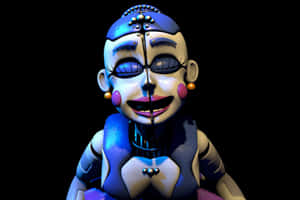 一個在黑色背景下，帶有藍色燈光、縫合嘴巴和眼睛的詭異電子動畫玩偶。