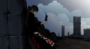 動漫女孩穿黑色斗篷在石頭廢墟中手持藍色火焰，天空多雲