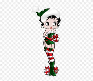 Betty Boop 穿著聖誕服裝，手持禮物和糖果棒襪子。