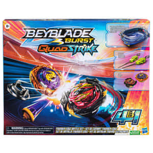 Beyblade Burst Quad Strike 玩具套裝，包含兩個旋轉的陀螺，碰撞時帶有能量效果。