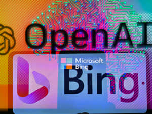 OpenAI 和 Microsoft Bing 標誌在彩色電路板背景上。