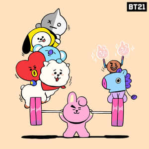 BT21角色歡呼，一隻粉紅色兔子舉起槓鈴，上面堆疊著朋友。