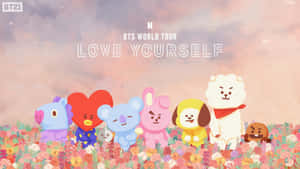 BT21 角色在粉彩天空下的花田中，帶有巡演文字。