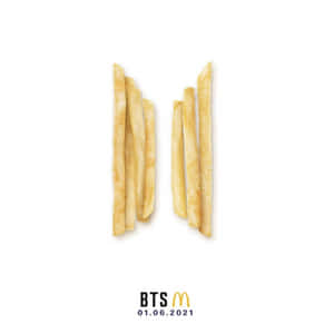 金黃薯條成兩個垂直堆疊，附有BTS麥當勞標誌和日期。