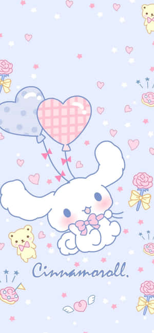 Cinnamoroll 兔子在粉藍色背景上拿著心形氣球，伴隨著玫瑰和星星。