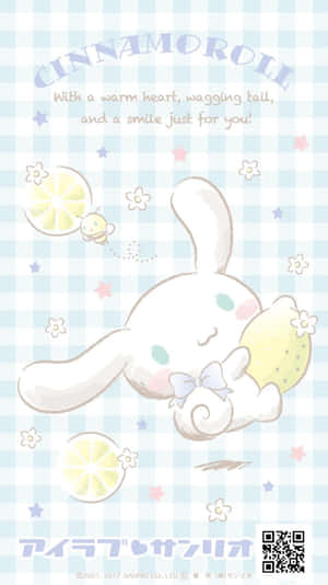 Cinnamoroll 兔子在格紋背景上拿著檸檬片，背景有星星和花朵。