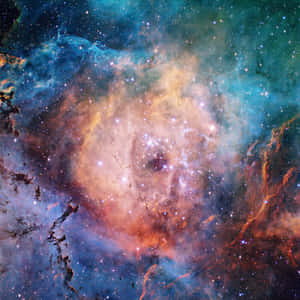 在深邃太空中，充滿活力的宇宙星雲，帶有發光的氣體雲和閃爍的星星。