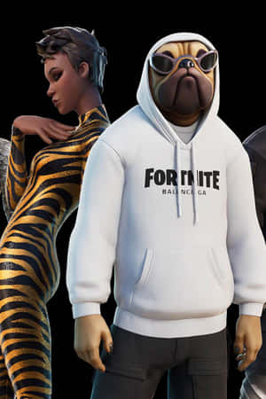 一隻穿著Fortnite連帽衫和太陽眼鏡的哈巴狗，旁邊是一個穿著虎紋服裝的人。