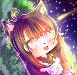 有貓耳的動漫女孩在流星劃過的星空下微笑。