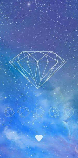 一顆白色輪廓的鑽石和較小的寶石漂浮在星空藍色宇宙中，下方有一顆心。