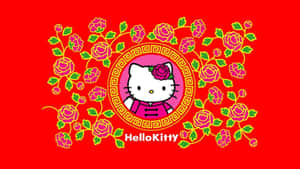 Hello Kitty 穿著傳統裙子，被紅色背景上的花朵環繞 — Hello kitty 美學 GIF 壁紙