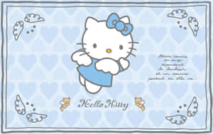 Hello Kitty 帶有天使翅膀漂浮在心形圖案背景之上。