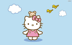 Hello Kitty 與泰迪熊和小鳥在天空 — Hello kitty 美學 GIF 壁紙