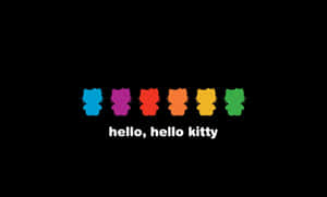六個色彩繽紛的Hello Kitty剪影按彩虹順序排列在黑色背景上，帶有白色文字。