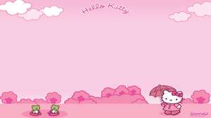 Hello Kitty 同遮同兩隻青蛙喺粉紅色天空下。