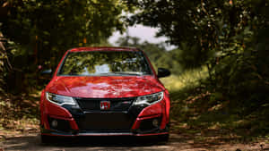 紅色本田Civic Type R停泊在樹木成排的森林道路上。