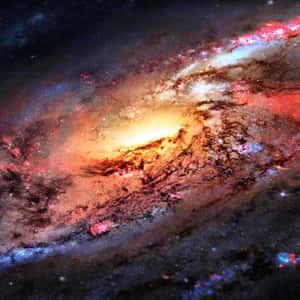 一個色彩繽紛的螺旋星系，在深空中帶有發光的旋臂和星團。