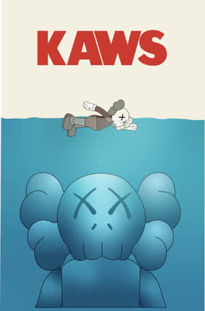 KAWS角色帶有X形眼睛潛在水中，一個小人物漂浮在上方。