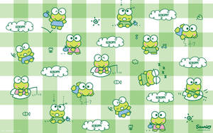 Keroppi青蛙在綠色和白色格子背景上擺出可愛姿勢。