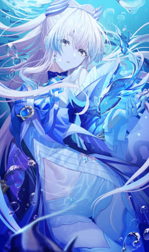 動漫女孩，白髮藍裙，漂浮在水下，伴有氣泡。