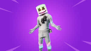 Fortnite角色身穿白色服裝，戴著發光棉花糖頭盔，背景為紫色。