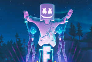 Marshmello 帶著發光的雙臂和貓咪同伴，在星空下的霓虹燈戶外音樂會上。