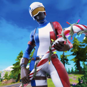 Fortnite 角色在雪地森林中手持帶燈光的拐杖糖。
