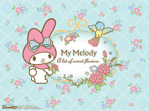 My Melody 拿著花，附近有一隻鳥在飛，背景是花卉圖案。