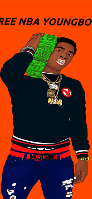 NBA Youngboy 在鮮豔的橙色背景插圖中手持一疊現金。 — Pixel 11 Pro XL 壁紙