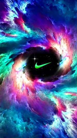 一個宇宙星雲，黑洞中心有一個發光綠色Nike勾號。
