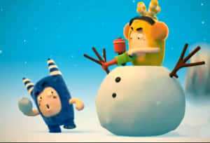 兩個穿著冬季服裝的卡通小孩在飄雪中與雪人玩耍。