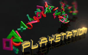 PlayStation標誌，彩色3D符號拱形跨越金色文字，位於深色反光表面上。