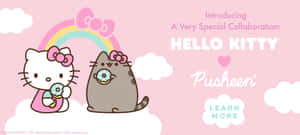 Hello Kitty 和 Pusheen 坐在雲上，在彩虹下拿著冬甩。