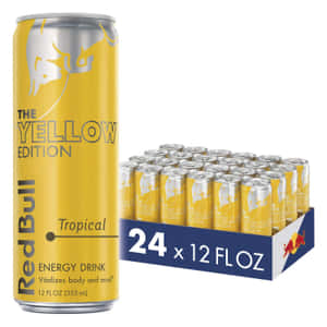 24罐裝盒子內的黃色Red Bull Tropical能量飲品罐。