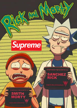 瑞克和莫蒂卡通角色手持Supreme品牌標誌，帶有綠色標題文字。