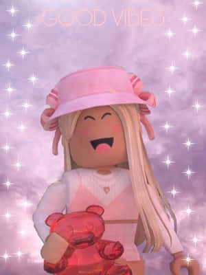 戴粉紅色帽子的快樂 Roblox 頭像，在星空下抱著紅色泰迪熊，並有 good vibes 文字。