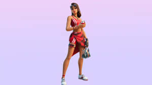 動漫風格的女性遊戲玩家穿著紅色服裝，拿著飲料和包包。 — Fortnite 造型 壁紙