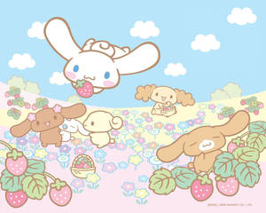 Cinnamoroll 和朋友們在色彩繽紛的花園中採摘草莓。