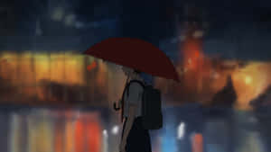 動漫女孩撐著紅色雨傘在雨夜的城市中行走。