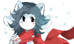 動漫狐狸女孩戴紅色圍巾，在雪中拿著心形設計杯子。