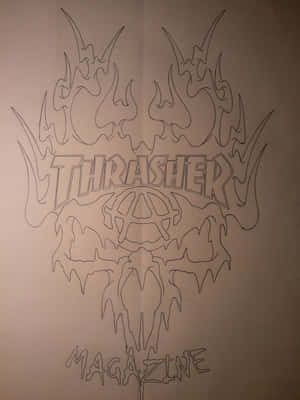 Thrasher Magazine標誌草圖，帶有火焰和骷髏設計。